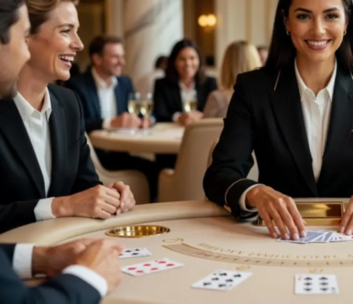 Zbliżenie na ręce krupiera rozdającego karty przy stole blackjacka