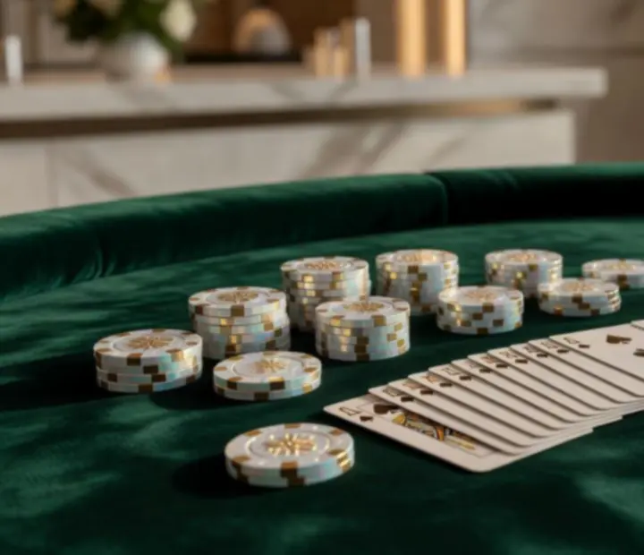 Elegancka aranżacja stołu pokerowego z wysokiej jakości kartami, żetonami i detalami dekoracyjnymi.