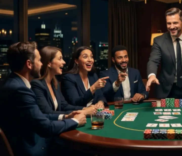 Charyzmatyczni prowadzący przy stołach pokerowych angażują gości w interaktywną rozgrywkę.